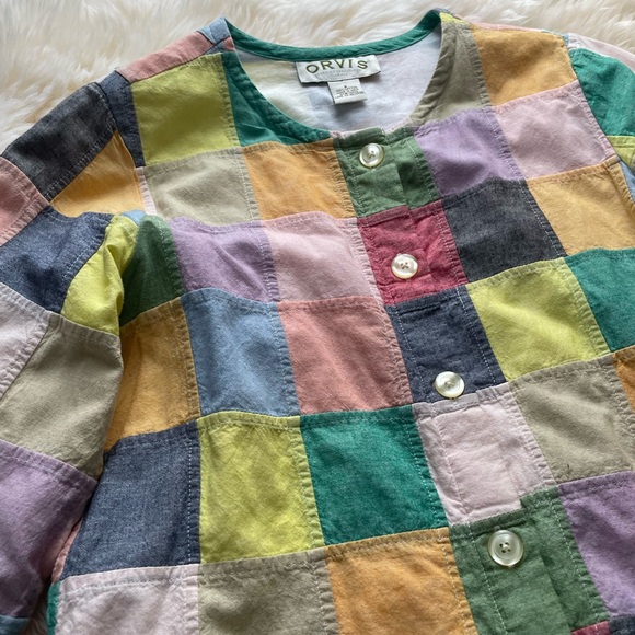 Orvis Vintage Patchwork Shirt Jacket Collarless Lined 100% Cotton size 8 - Picture 11 of 14